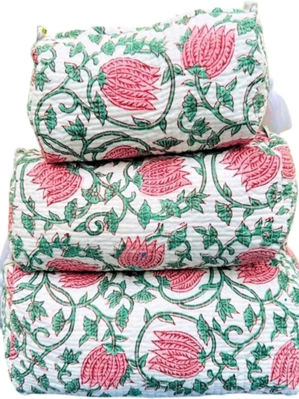 Set of 3 Pieces Block Print Designer Toiletry Bag & Makeup Case - Boho Floral Qu
